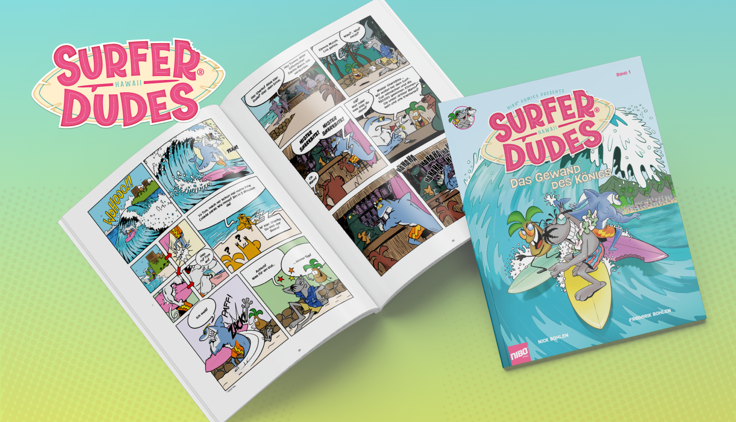 Surfer Dudes Band 1 und geöffnete Comicseiten